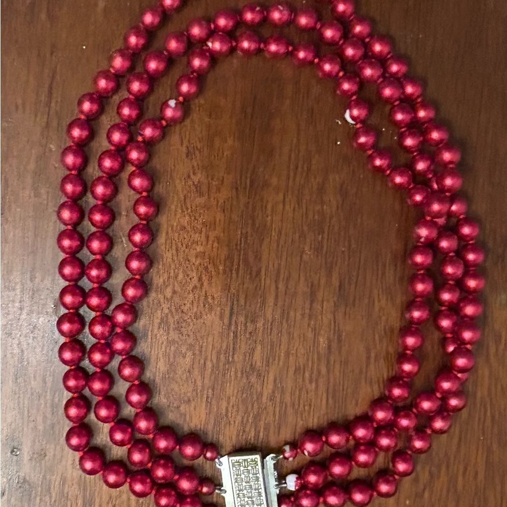 3 Rows Coral Red South Sea Shell Pearl Round Beads Necklace 17-19''